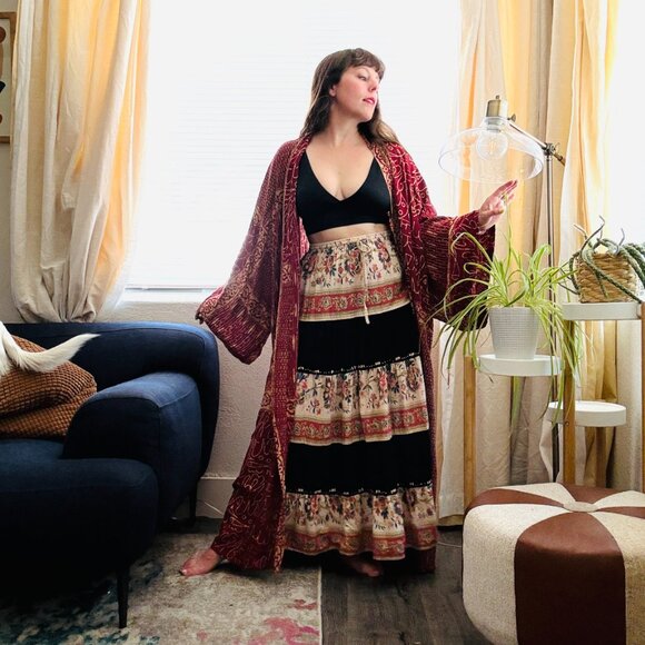 Vintage Prairie Midi Skirt 90s Ronnie Nicole Floral Beaded Flared | Size M/L - Picture 11 of 12